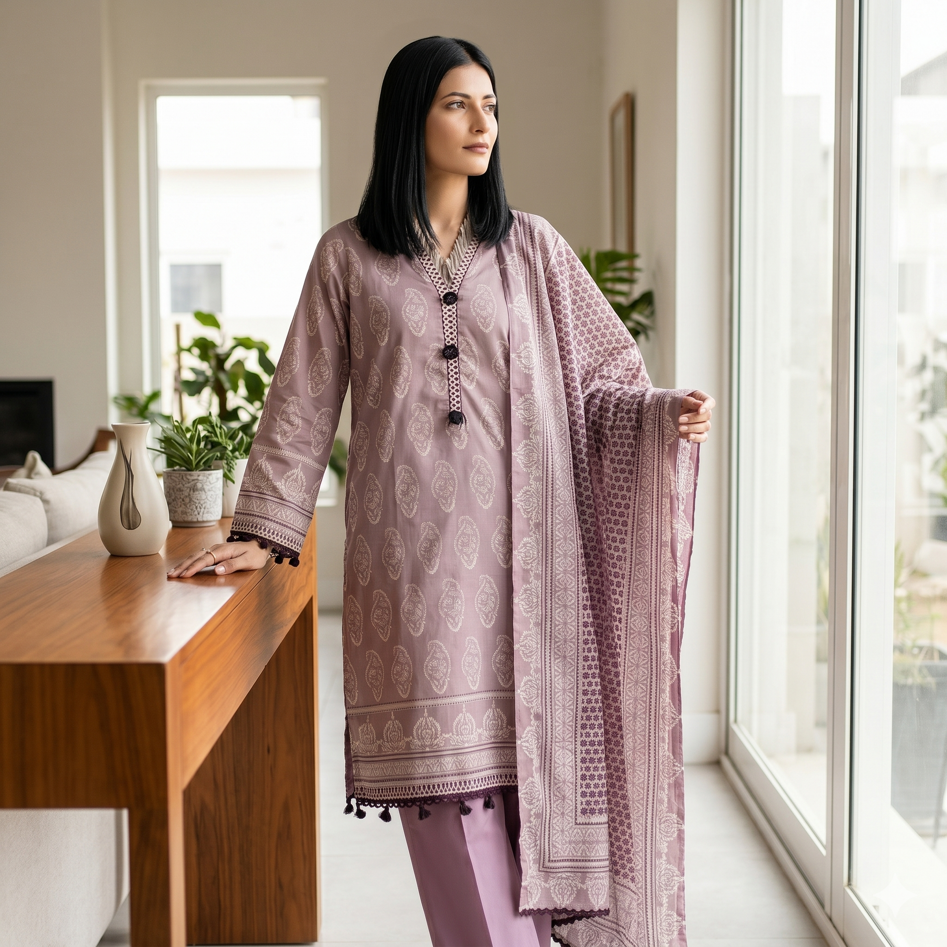 Regalia salina Printed Lawn Unstitched 3 Piece Suit – Mauve Purple