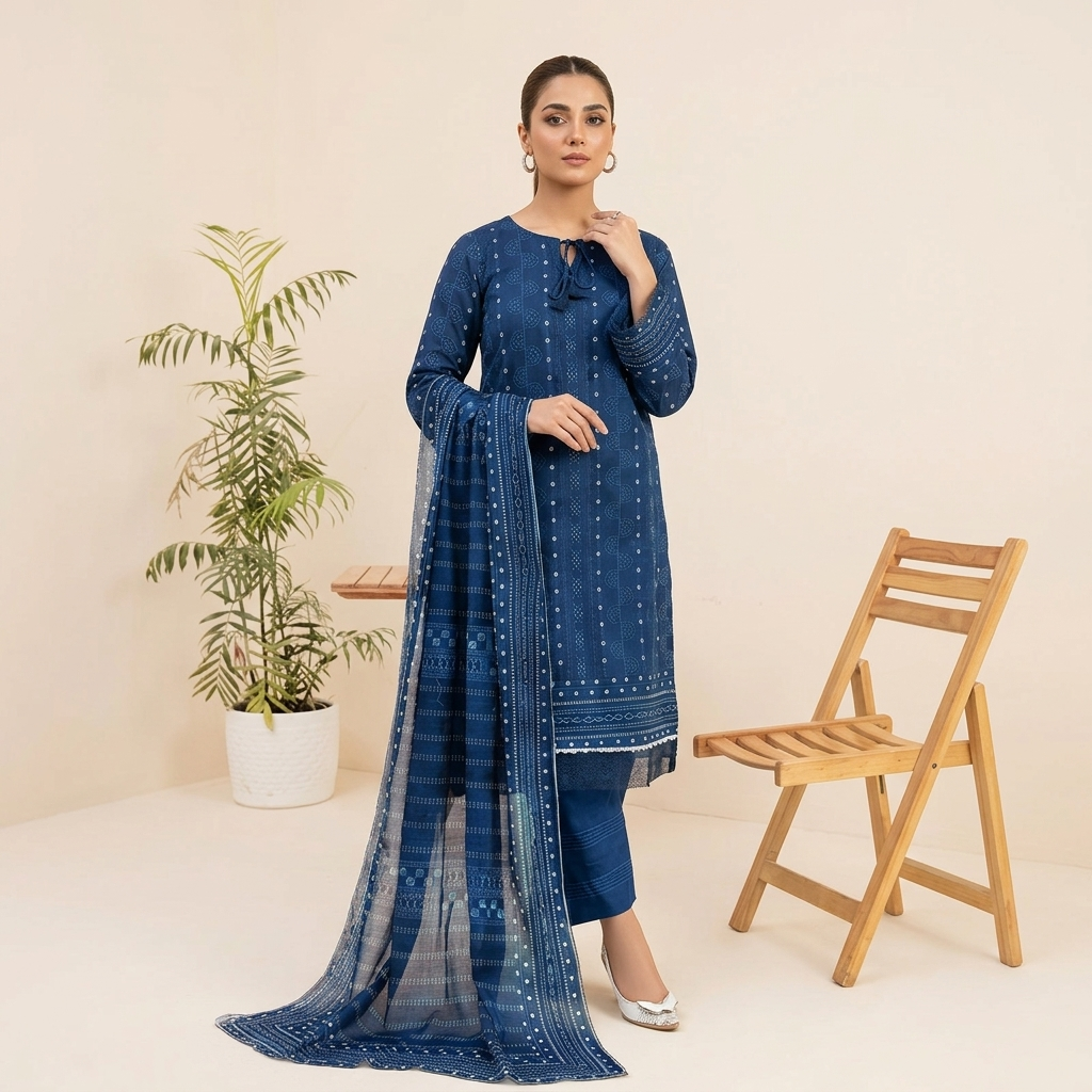Almeerah Printed Lawn Unstitched 3 Piece Suit – Blue
