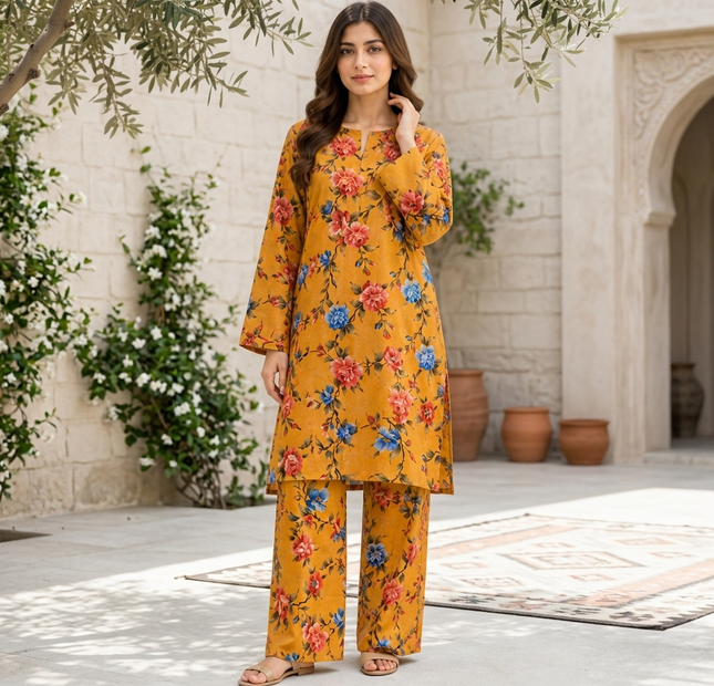 Mustard Yellow Floral Printed Unstitched 2 Piece Suit