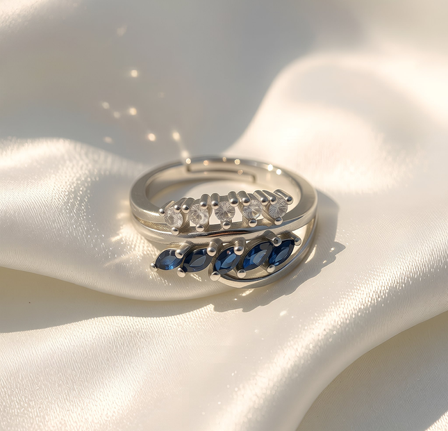 Royal Blue Crystal Adjustable Ring for Women – Silver Tone