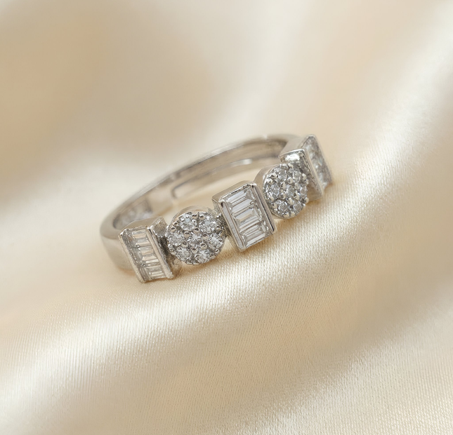 Silver Crystal Adjustable Ring – Baguette & Round Cluster Design