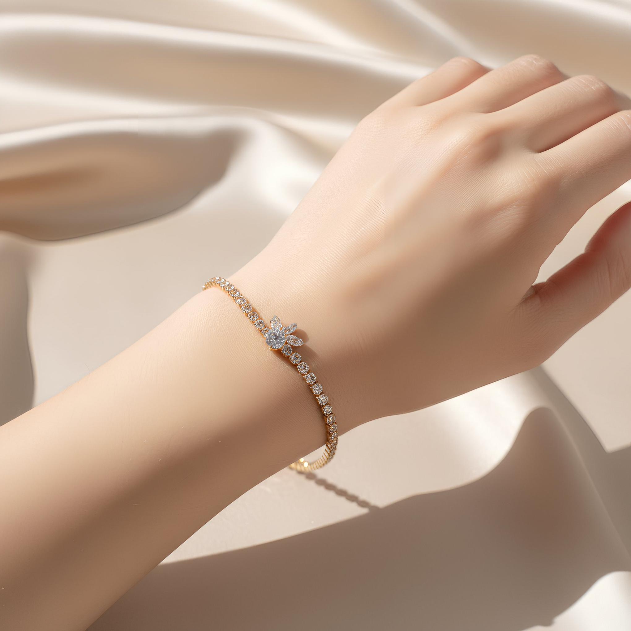 Golden Blossom Crystal Tennis Bracelet for Women