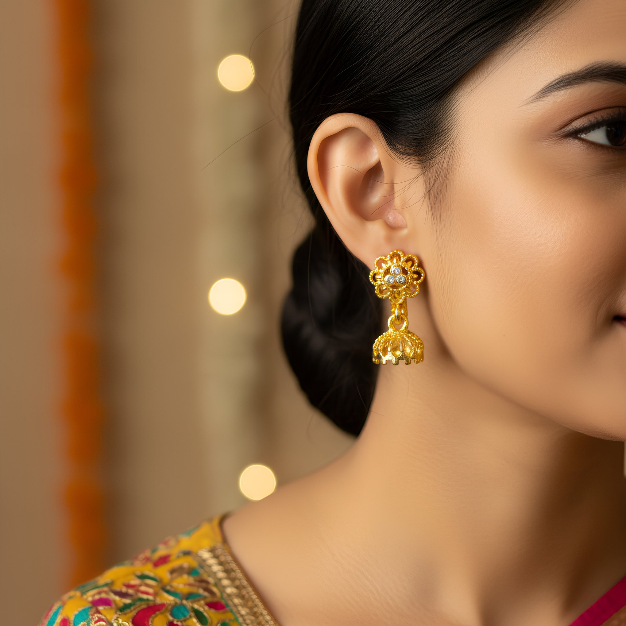 Elegant Gold Floral Jhumka Drop Earrings