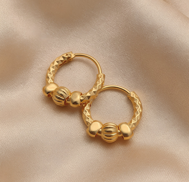 Textured Gold Hoop Earrings with Triple Bead Detail